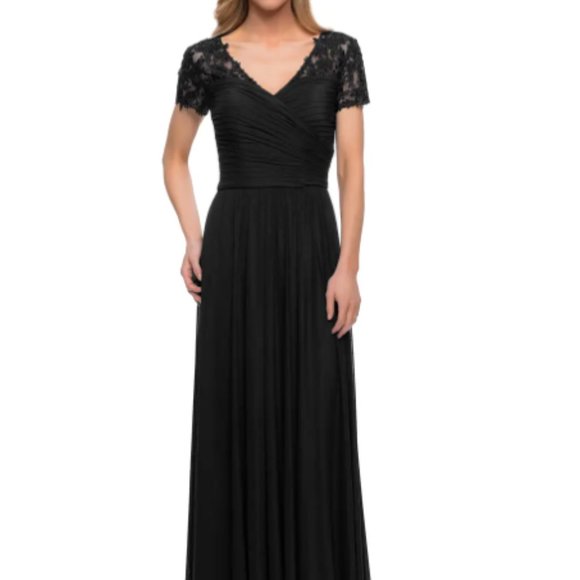 LA FEMME FLORAL EMBELLISHED SHEER SHORT SLEEVE BLACK GOWN sz 16 - Picture 2 of 5